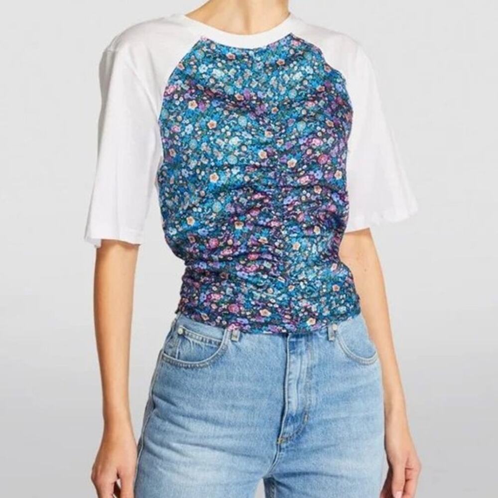 Sandro Lutetia Floral Print Mixed Media Top Open Back Tie Ruched Satin Blouse - Picture 5 of 12